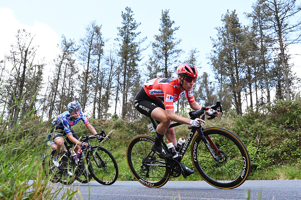 A CORUNA, SPAIN - MAY 05: Franziska Koch of Germany and Team FDJ United - SUEZ - Red Leader Jersey competes during the 12th La Vuelta Femenina 2026, Stage 3 a 121.2km stage from Padron to A Coruna / #UCIWWT / on May 05, 2026 in Padron, Spain. (Photo by Szymon Gruchalski/Getty Images)