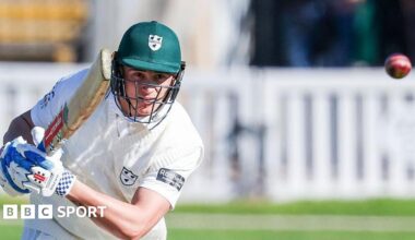 Daniel Lategan plays a shot and watches the ball fly away during an innings for Worcestershire