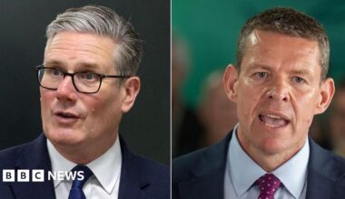 A composite picture of separate head and shoulder-framed images of Sir Keir Starmer and Rhun ap Iorwerth placed side-by-side. Both are wearing dark suit jackets. light shirts and ties. Sir Keir is wearing spactacles.