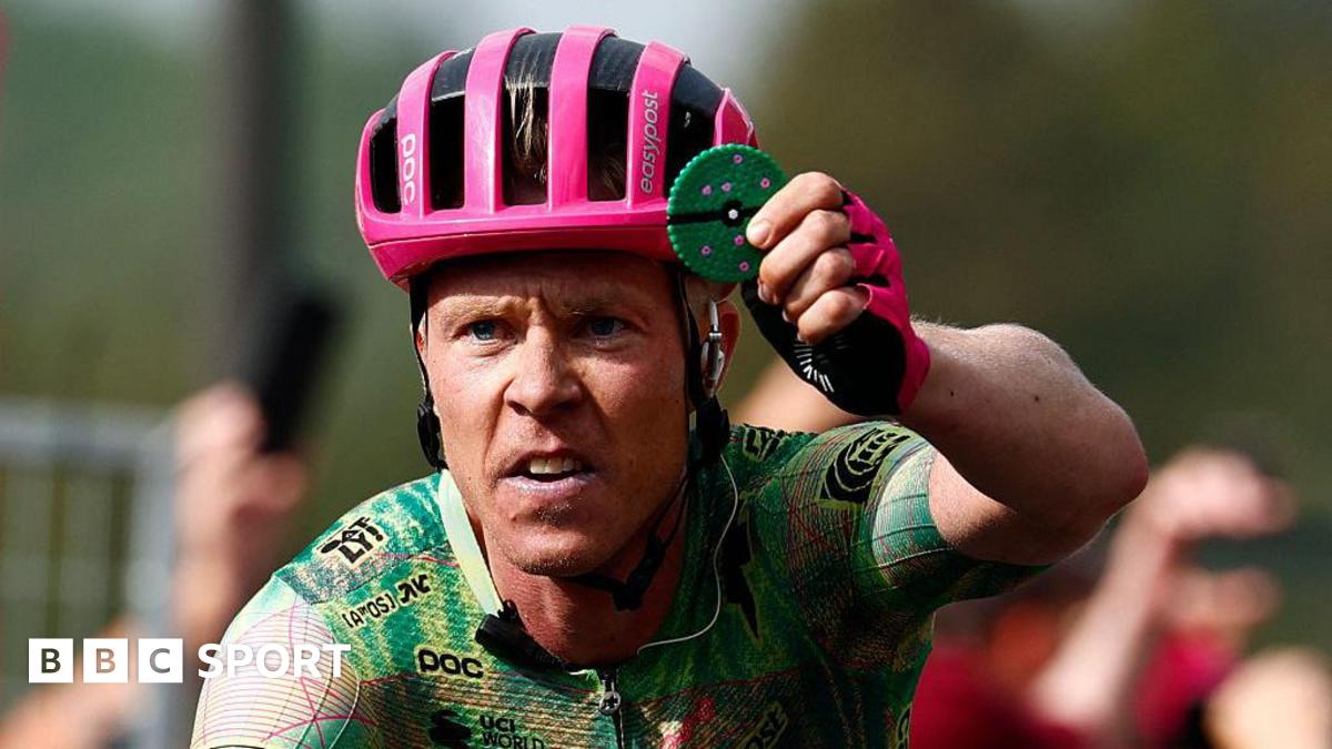 Michael Valgren of Team EF Education-EasyPost celebrates winning stage 17 at the Giro d'Italia