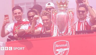 Arsenal players and manager Mikel Arteta with the Premier League trophy