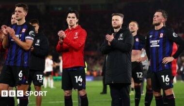 Kim Hellberg manager of Middlesbrough applauds fans at full time alongside Middlesbrough players