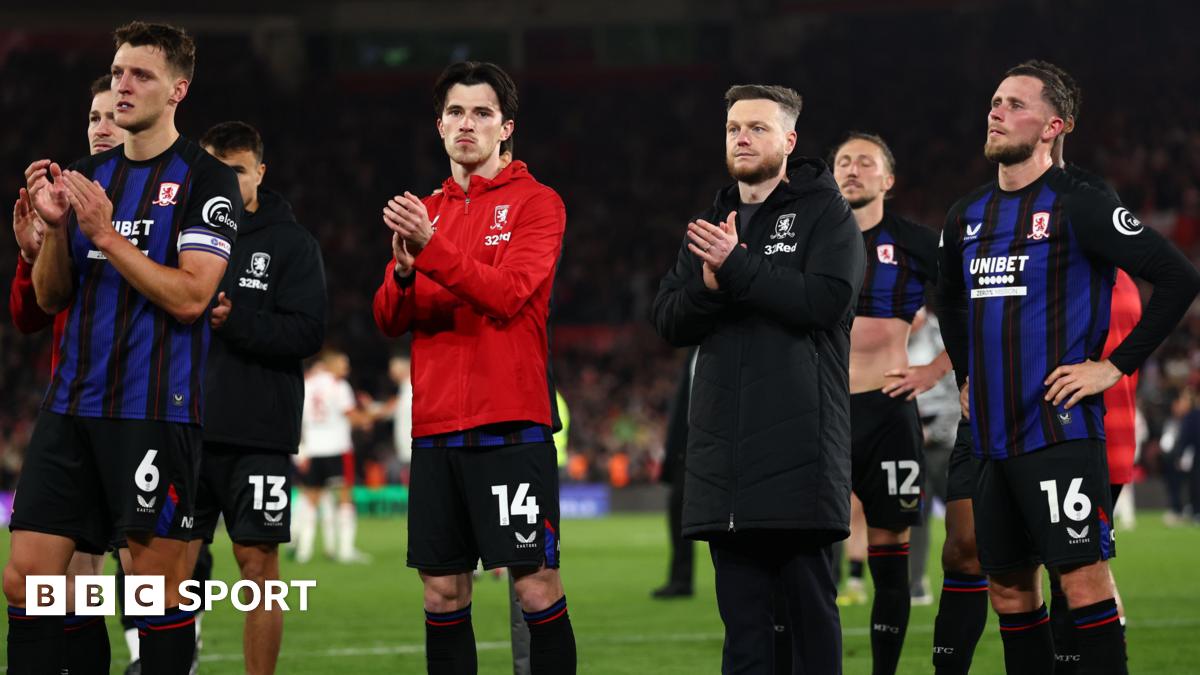 Kim Hellberg manager of Middlesbrough applauds fans at full time alongside Middlesbrough players