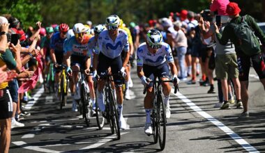 Movistar leads the peloton through fans on stage 12 of the GIro d'Italia