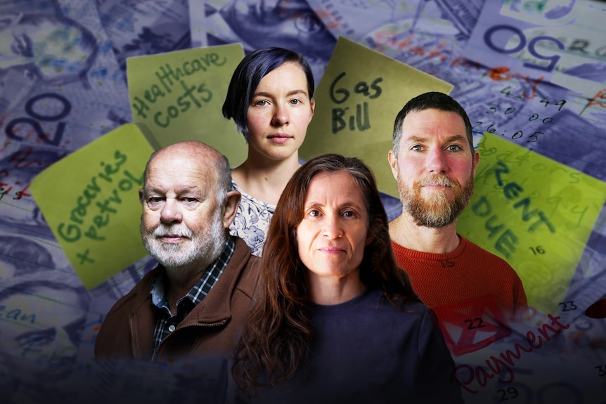 A graphic including four people behind a background of money and post-it notes.