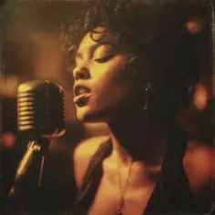 Illustration of a woman with curly hair singing into a vintage microphone.