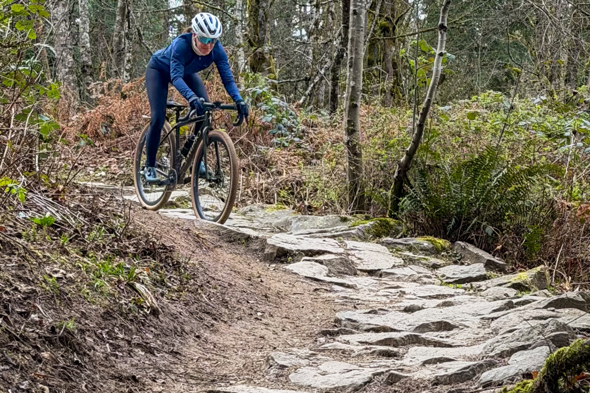 Rook tackling a rockgarden on a gravel bike with a dropper post