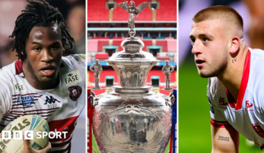 Three-way image with Junior Nsemba, Wigan's powerful back-rower carrying the ball on the left side, the Challenge Cup close up in the middle at Wembley Stadium and Mikey Lewis staring after scoring with emotion for Hull KR on the right