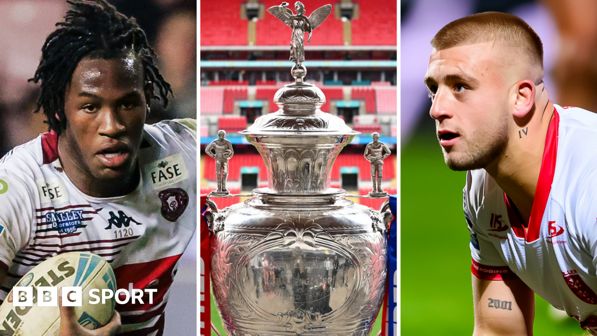 Three-way image with Junior Nsemba, Wigan's powerful back-rower carrying the ball on the left side, the Challenge Cup close up in the middle at Wembley Stadium and Mikey Lewis staring after scoring with emotion for Hull KR on the right