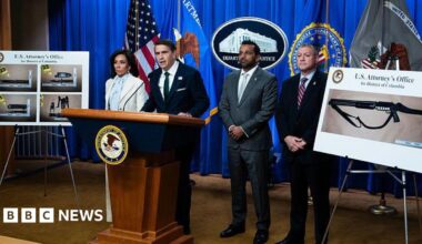 From left, Jeanine Pirro, the U.S. attorney for Washington, D.C., Acting Attorney General Todd Blanche, FBI Director Kash Patel, and Darren B. Cox, deputy assistant director of the FBI Criminal Investigative Division, conduct a news conference at the Department of Justice about Cole Tomas Allen, the suspect in the White House Correspondents' Association dinner shooting, on Monday, April 27, 2026.