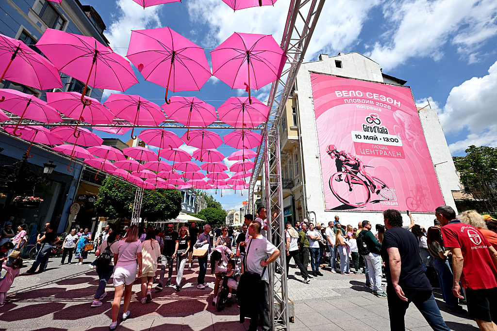 PLOVDIV, BULGARIA - MAY 10: Pink umbrellas decoration prior to the 109th Giro d'Italia 2026, Stage 3 a 175km stage from Plovdiv to Sofia / #UCIWT / on May 10, 2026 in Plovdiv, Bulgaria. (Photo by Tim de Waele/Getty Images)