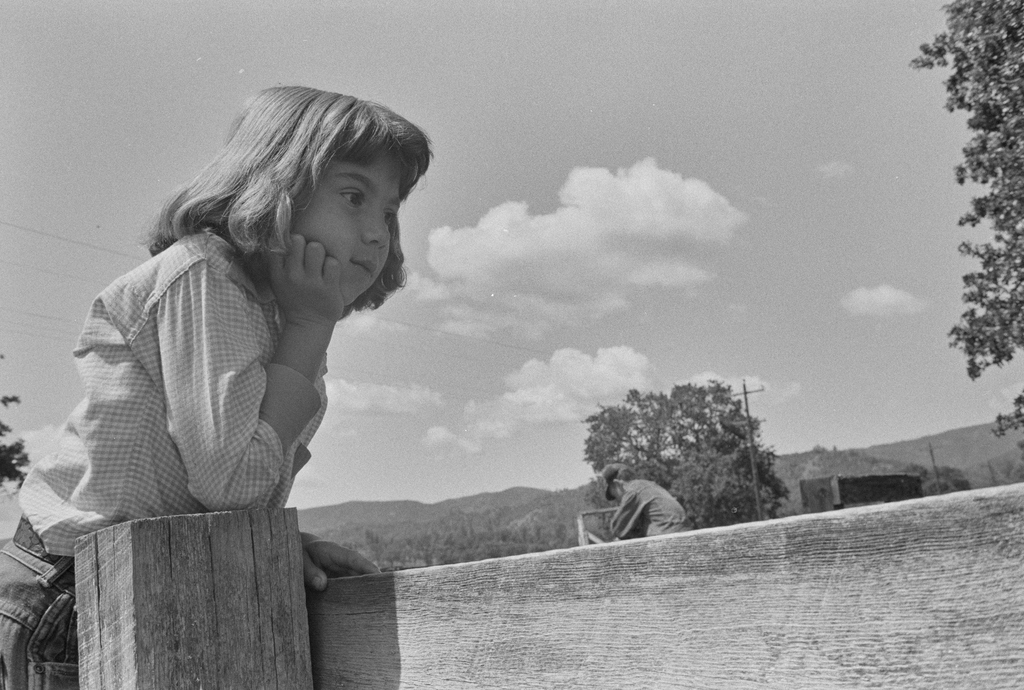 A young girl rests her chin on her hand as she leans over a wooden fence rail, gazing into the distance under a cloudy sky.