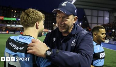 Corniel van Zyl congratulates Jacob Beetham after Cardiff win at the Arms Park