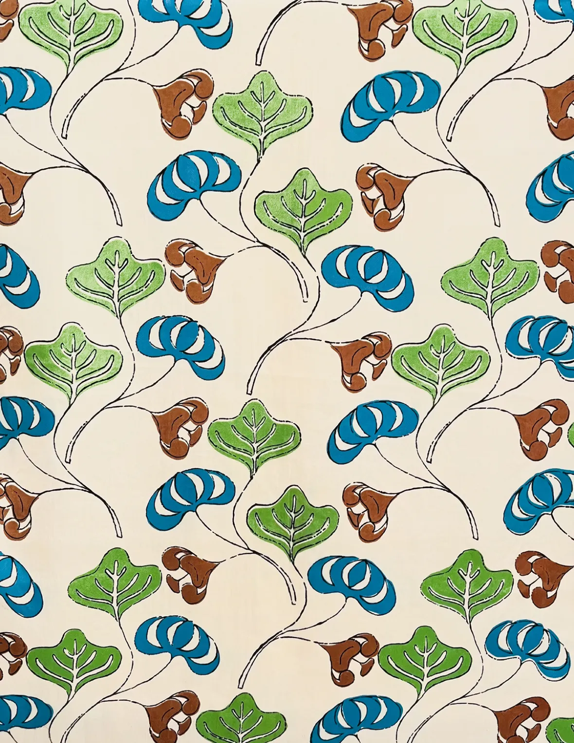 Illustration of Andy Warhol's "Nasturtiums" featuring stylized green and blue leaves and brown floral shapes on a cream background.