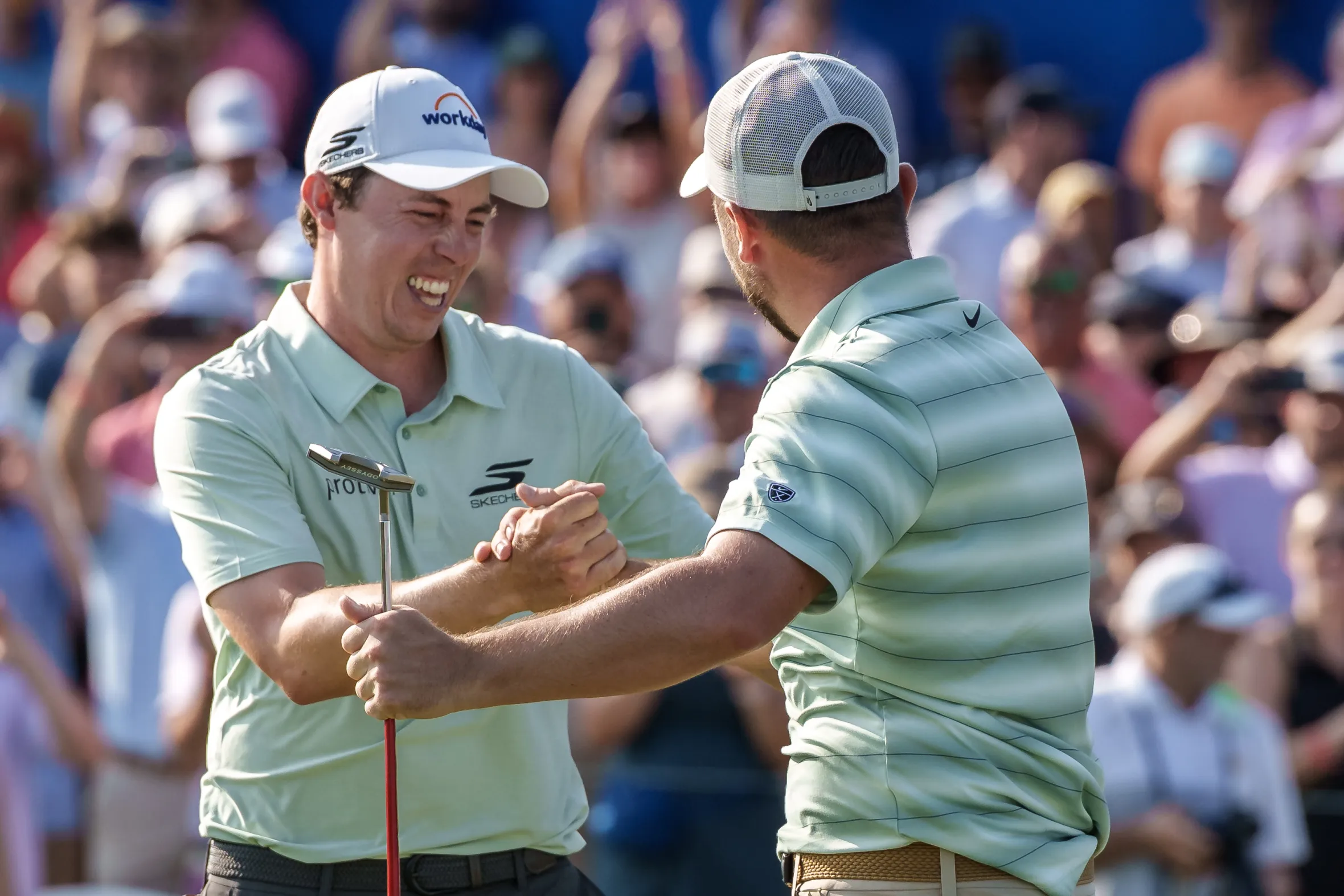 Alex Fitzpatrick reacts after winning the PGA Zurich Classic of New Orleans golf tournament with his brother Matt Fitzpatrick.