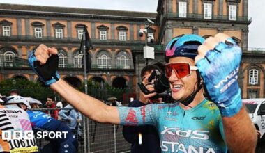 Davide Ballerini celebrates winning stage six of the Giro d'Italia