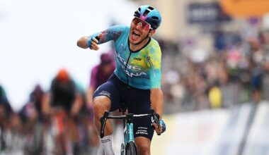Ballerini celebrates with one arm raised