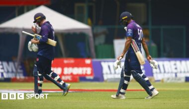 Mark Watt and Safyaan Sharif walk off after Scotland were bowled out