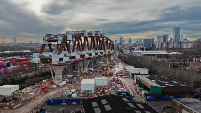 An aerial view of the HS2 Curzon Viaduct 2 standing in the landscape, ready to be jacked into position when completed