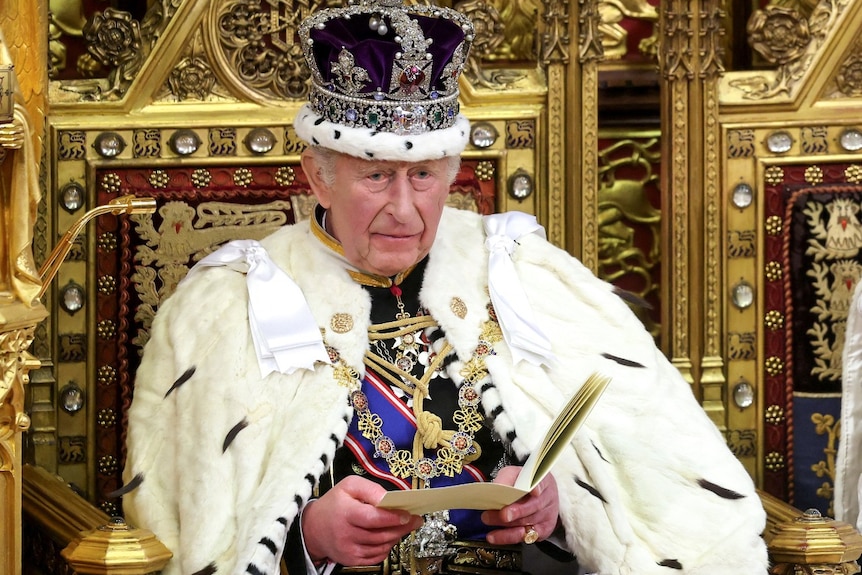 A man on a throne wearing a crown holding a book and looking on