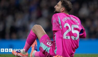 Manchester City goalkeeper Gianluigi Donnarumma sitting on the floor during their Premier League game against Leeds United in November