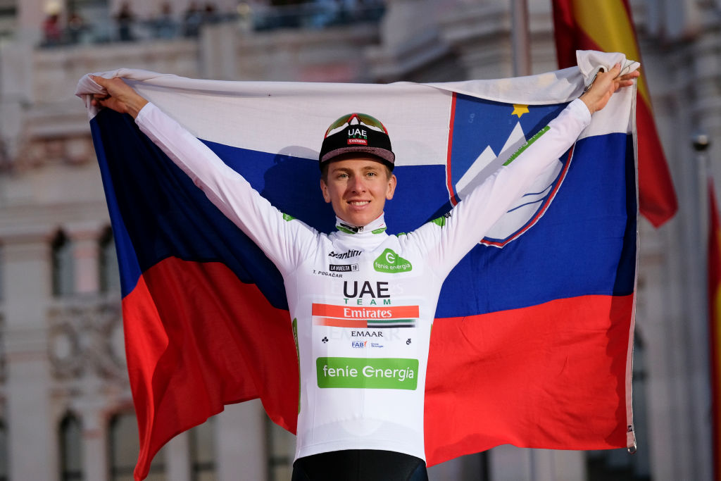 Team UAE Emirates rider Slovenia&amp;apos;s Tadej Pogacar celebrates his third place on the podium, at the end of the 21st stage of the 2019 La Vuelta cycling Tour of Spain, a 106,6 km race from Fuenlabrada to Madrid on September 15, 2019.Spain (Photo by Oscar Gonzalez/NurPhoto via Getty Images)