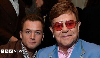 Taron Egerton and Elton John attend The BAFTA Los Angeles Tea Party at Four Seasons Hotel Los Angeles at Beverly Hills on January 04, 2020 in Los Angeles, California