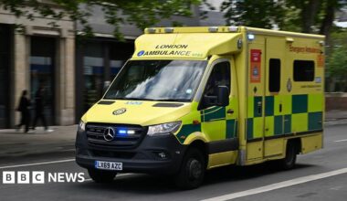 An NHS ambulance responds to an emergency call in London