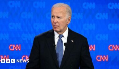Joe Biden gestures while speaking at a podium at North Carolina State Fairgrounds in Raleigh, North Carolina, on 28 June