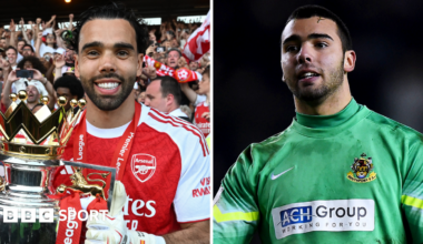 Split image: David Raya holding the Premier League and David Raya playing for Southport