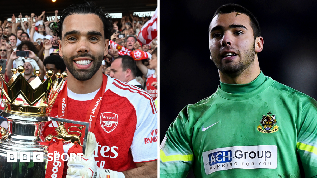 Split image: David Raya holding the Premier League and David Raya playing for Southport