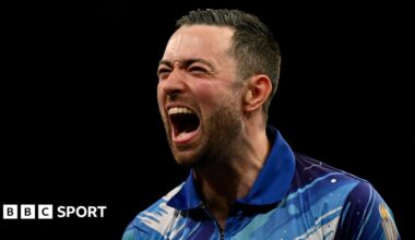 Luke Humphries celebrates victory during night 15 of the 2026 Premier League Darts at the Utilita Arena, Birmingham