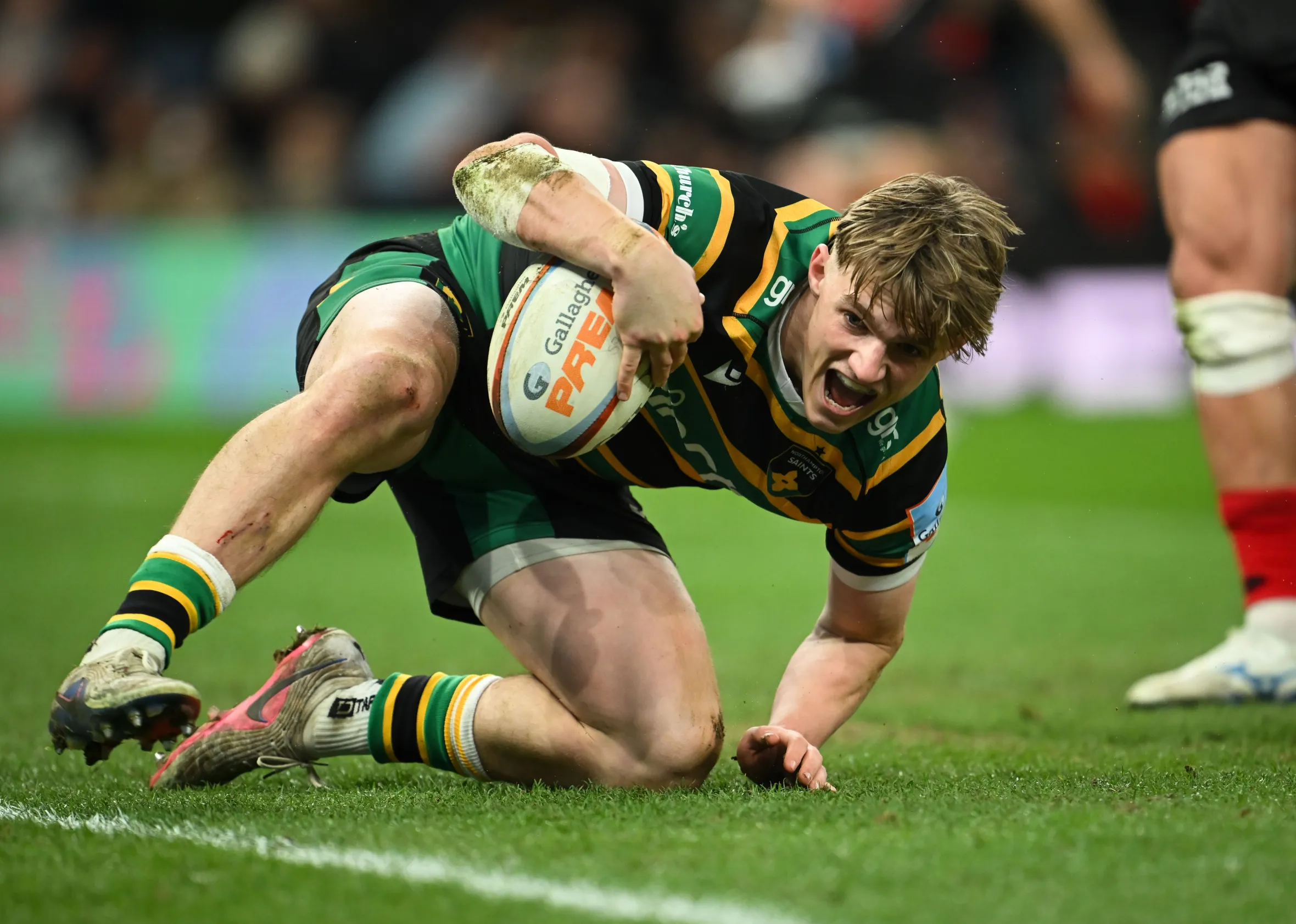 Northampton Saints' Archie McParland scores his side's third try in a rugby match.