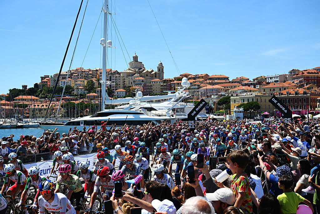 IMPERIA, ITALY - MAY 21: A general view of the peloton prior to the 109th Giro d&amp;apos;Italia 2026, Stage 12 a 175km stage from Imperia to Novi Ligure / #UCIWT / on May 21, 2026 in Imperia, Italy. (Photo by Tim de Waele/Getty Images)