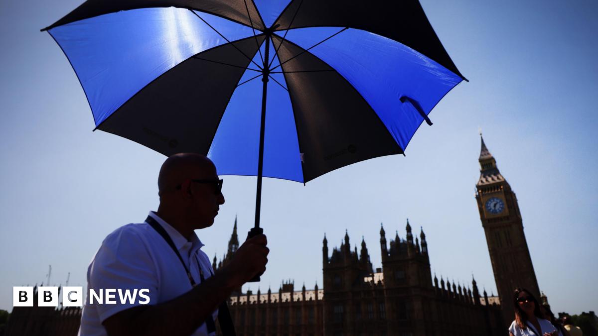 A man holds a blue and black umbrella to block the sun as he stands in front of the Houses of Parliament.