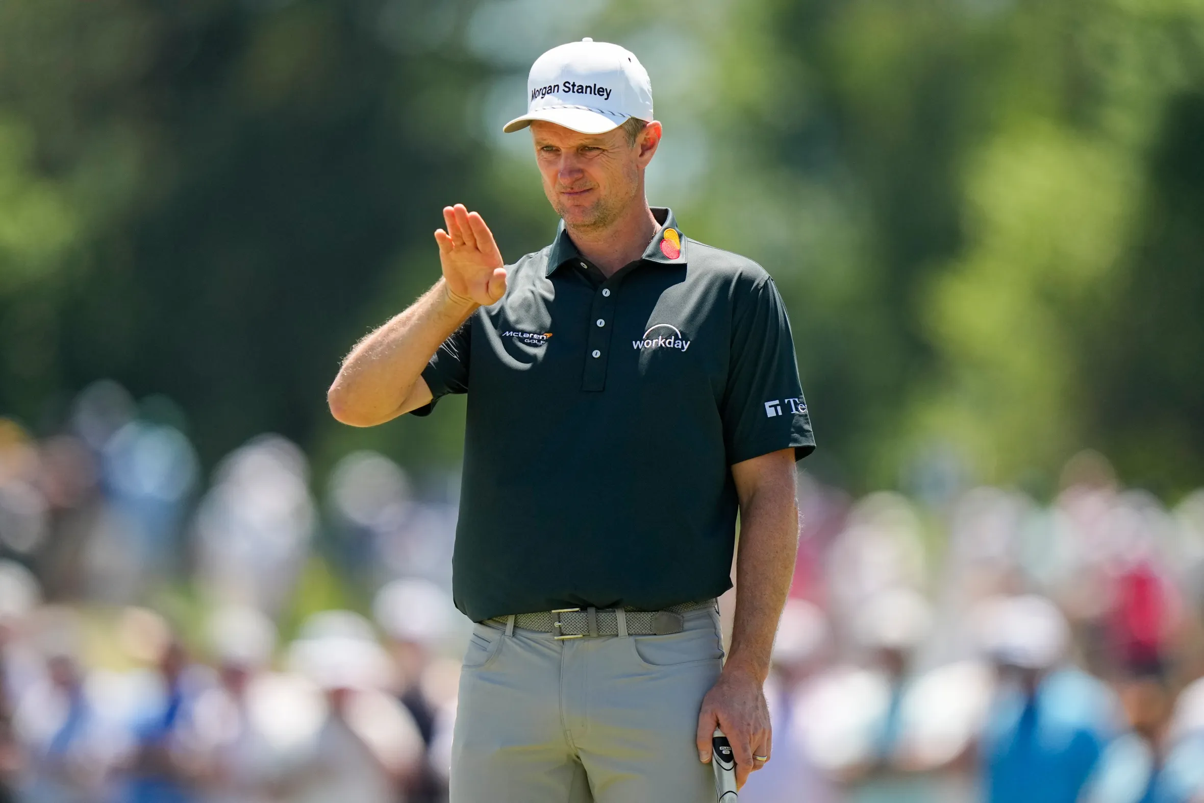 Justin Rose lining up his shot on the 16th green at the PGA Championship.