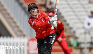 The Blaze batter Tammy Beaumont looks on after a shot againt Lancashire Thunder at Emirates Old Trafford