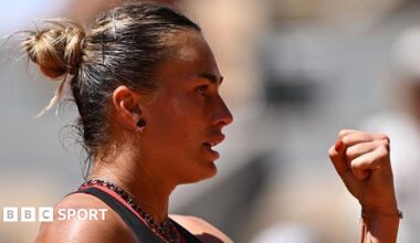 Aryna Sabalenka celebrates winning a point during her match against Jessica Bouzas Maneiro