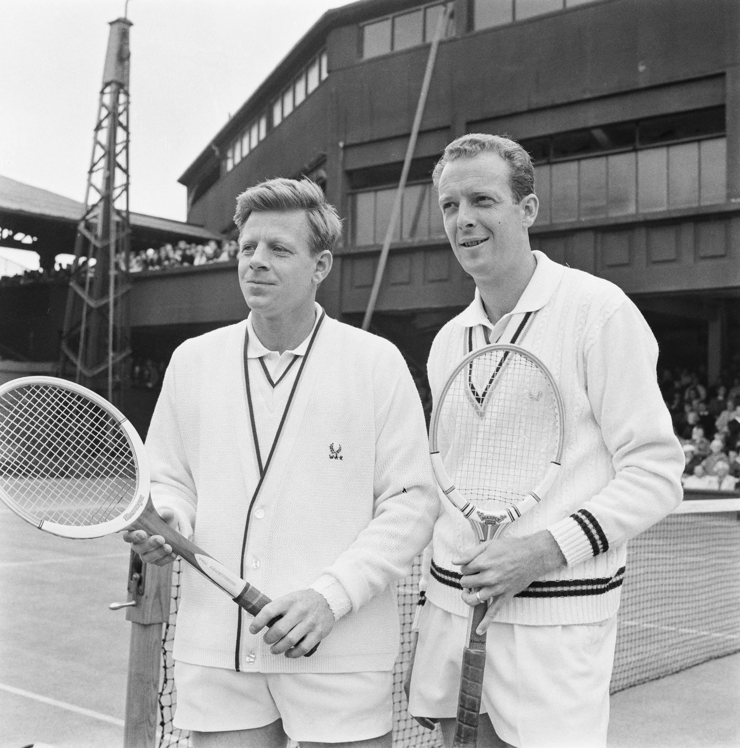 Fred Stolle (right) and Billy Knight (left) at the 1965 Wimbledon Championships.