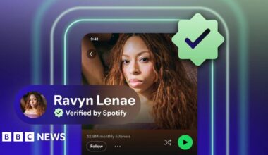 A mock up of the artist Ravyn Lenae's profile on Spotify with a green verified checkmark icon on her profile next to a picture of her staring at the camera with long curly hair. Underneath her picture it says "32.8m monthly listeners".