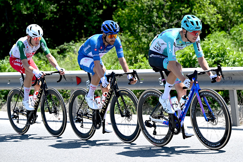 SOFIA, BULGARIA - MAY 10: (L-R) Alessandro Tonelli of Italy, Diego Pablo Sevilla of Spain and Team Polti VisitMalta - Blue Mountain Jersey and Manuele Tarozzi of Italy and Team Bardiani CSF 7 Saber compete in the breakaway during the 109th Giro d&amp;apos;Italia 2026, Stage 3 a 175km stage from Plovdiv to Sofia / #UCIWT / on May 10, 2026 in Sofia, Bulgaria. (Photo by Dario Belingheri/Getty Images)