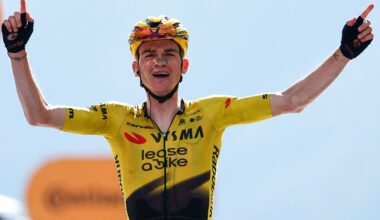 Team Visma Lease a Bike US rider Sepp Kuss celebrates as he crosses the finish line to win the 19th stage of the Giro d'Italia 2026