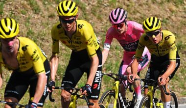 Jonas Vingegaard surrounded by his Visma-Lease a Bike teammates