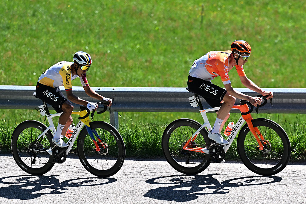 BOZEN-BOLZANO, ITALY - APRIL 24: (L-R) Egan Bernal of Colombia and Thymen Arensman of Netherlands and Team INEOS Grenadiers compete in the chase group during the 48th Tour of the Alps 2026, Stage 5 a 128.6km stage from Trento to Bozen-Bolzano on April 24, 2026 in Bozen-Bolzano, Italy. (Photo by Tim de Waele/Getty Images)
