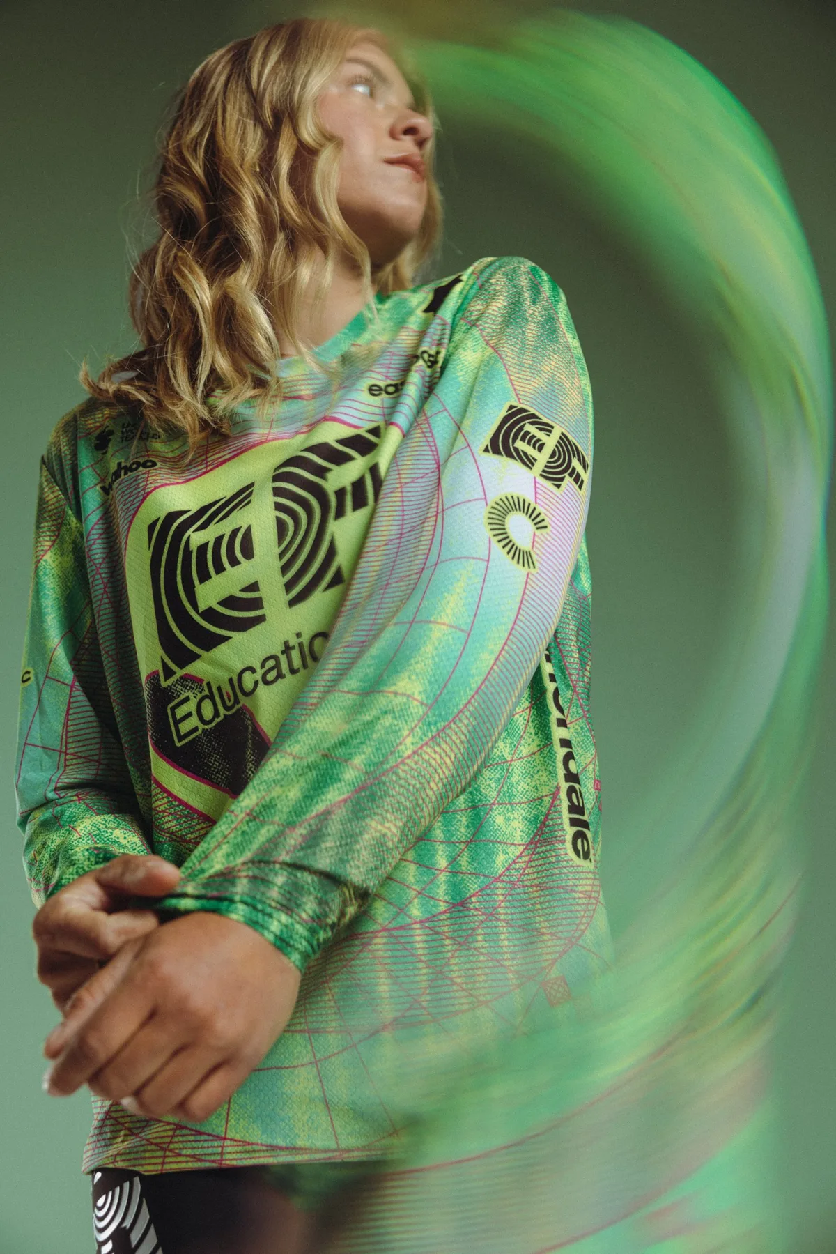 Woman wearing EF Pro Cycling Giro d'Italia casual jersey.
