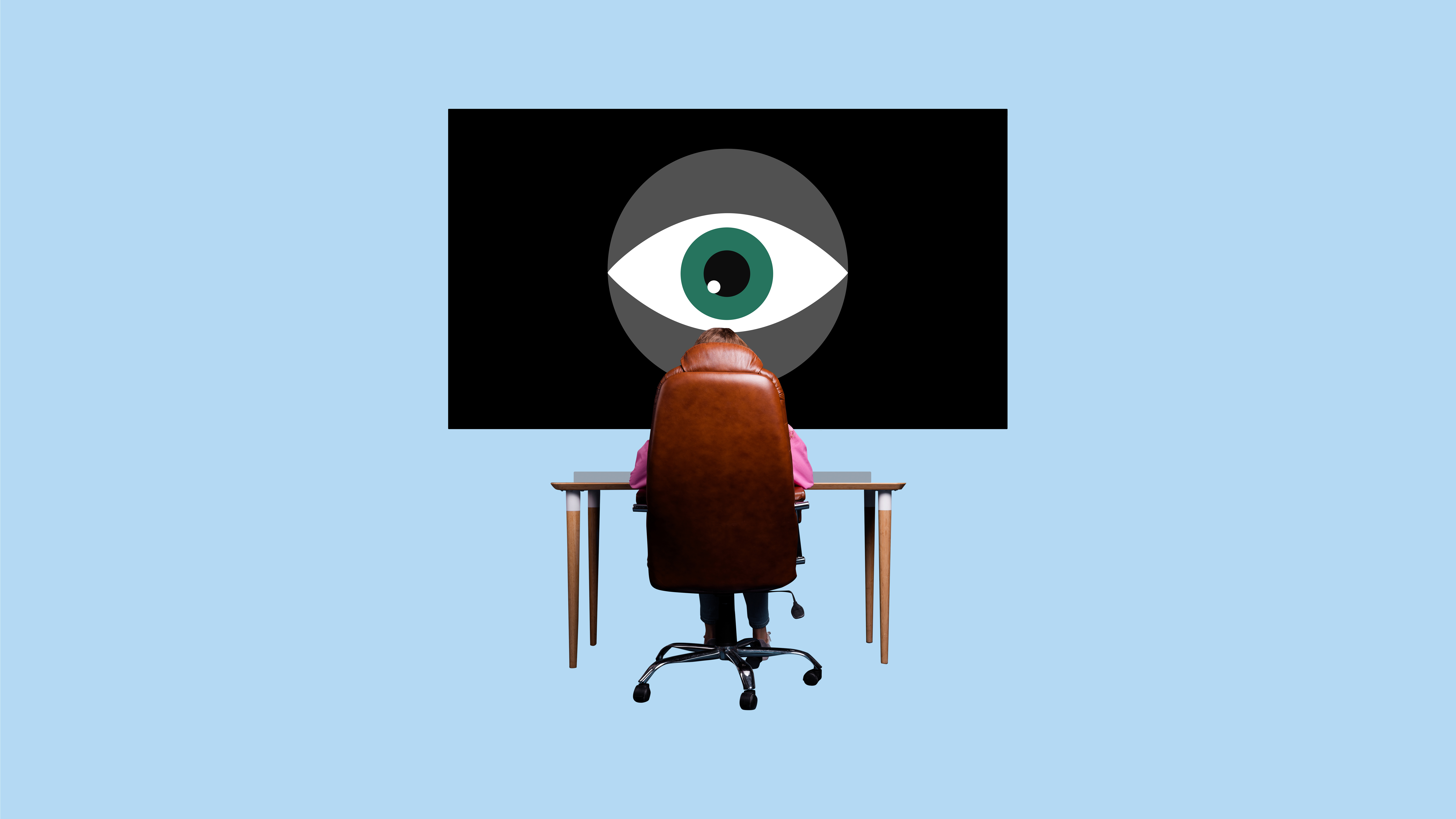 Trend composite sketch 3D photo collage of eye web remote hacker data peek watch discover eyes focus person sit armchair computer monitor