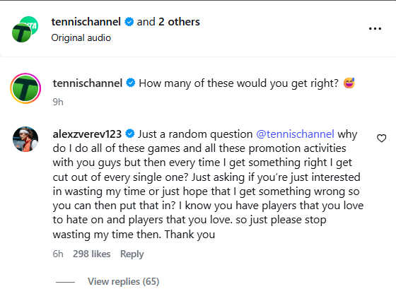 Pictured: Alexander Zverev reply to Tennis Channel Instagram post
