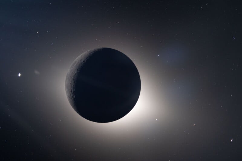 A dark moon is seen in front of a bright, glowing background, possibly the sun, in space. The surface details are visible on the moon, with stars scattered around in the black sky.