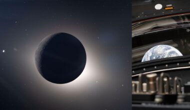 A view of a solar eclipse with the sun’s corona glowing behind the dark moon, alongside a window view from a spacecraft showing Earth in the distance.