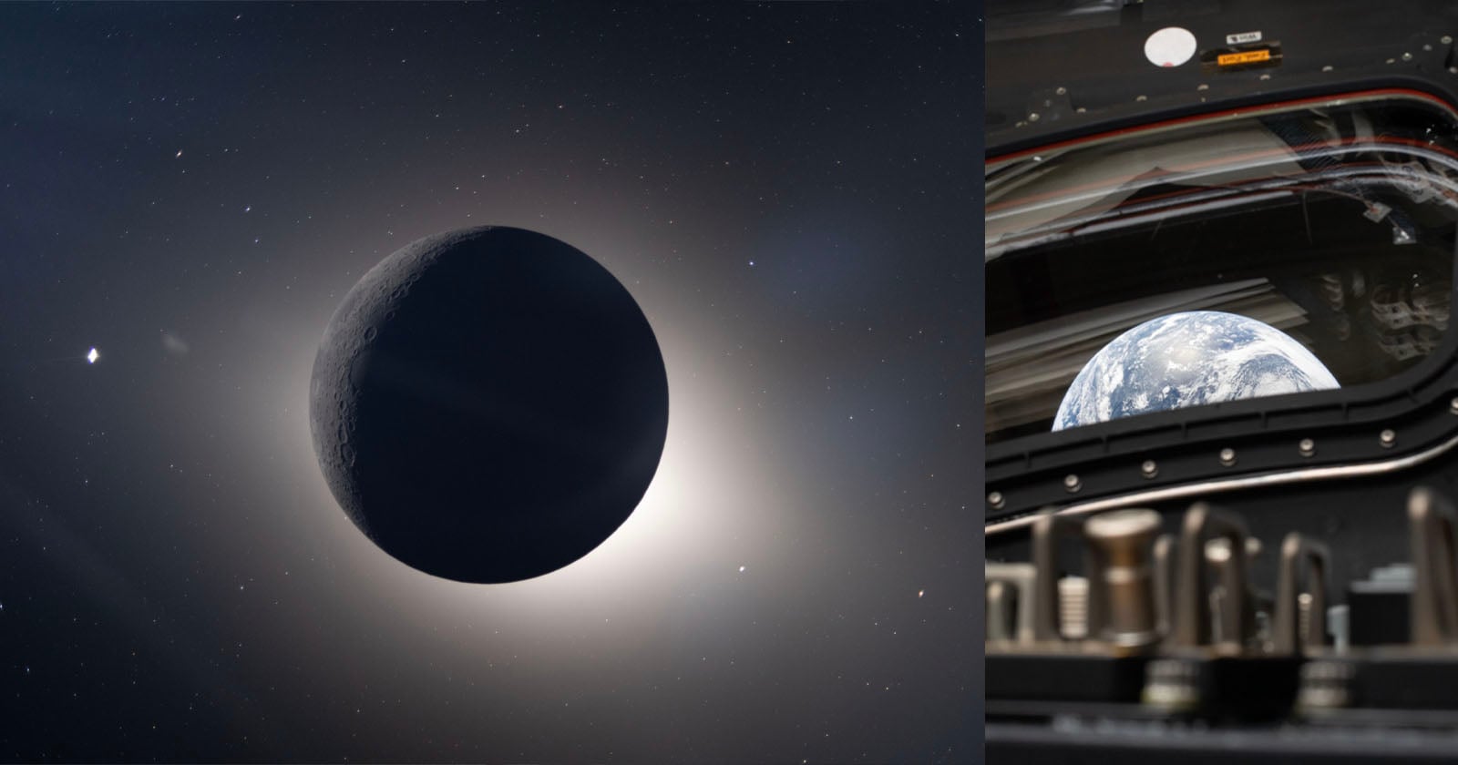 A view of a solar eclipse with the sun’s corona glowing behind the dark moon, alongside a window view from a spacecraft showing Earth in the distance.
